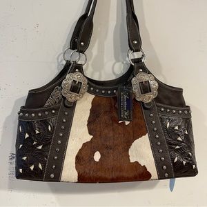 American west cow and silver tone brown leather bag